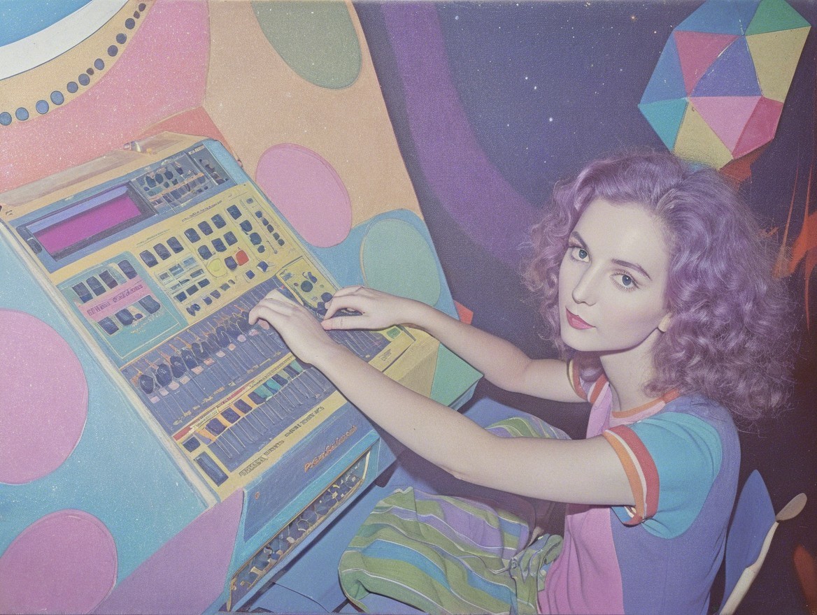 Young woman with pastel hair at vintage synthesizer