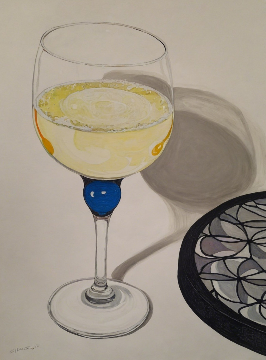 White Wine Glass with Blue Decorative Element and Shadow