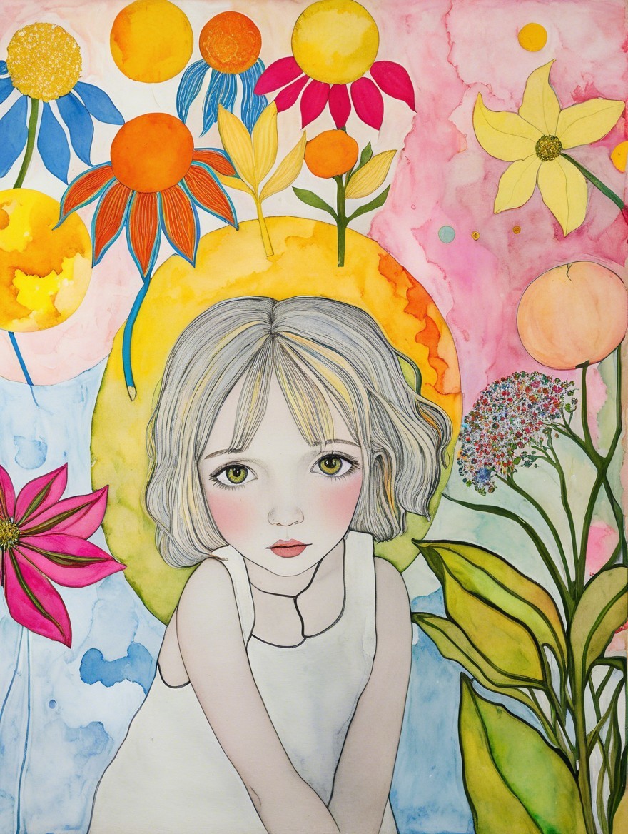 Whimsical Watercolor of Girl Surrounded by Flowers
