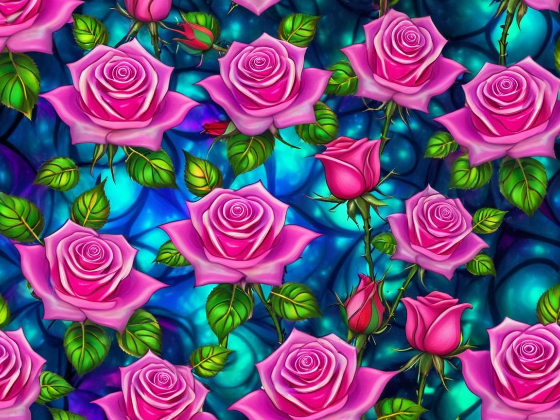 Lush Pink Roses on Deep Blue and Teal Background