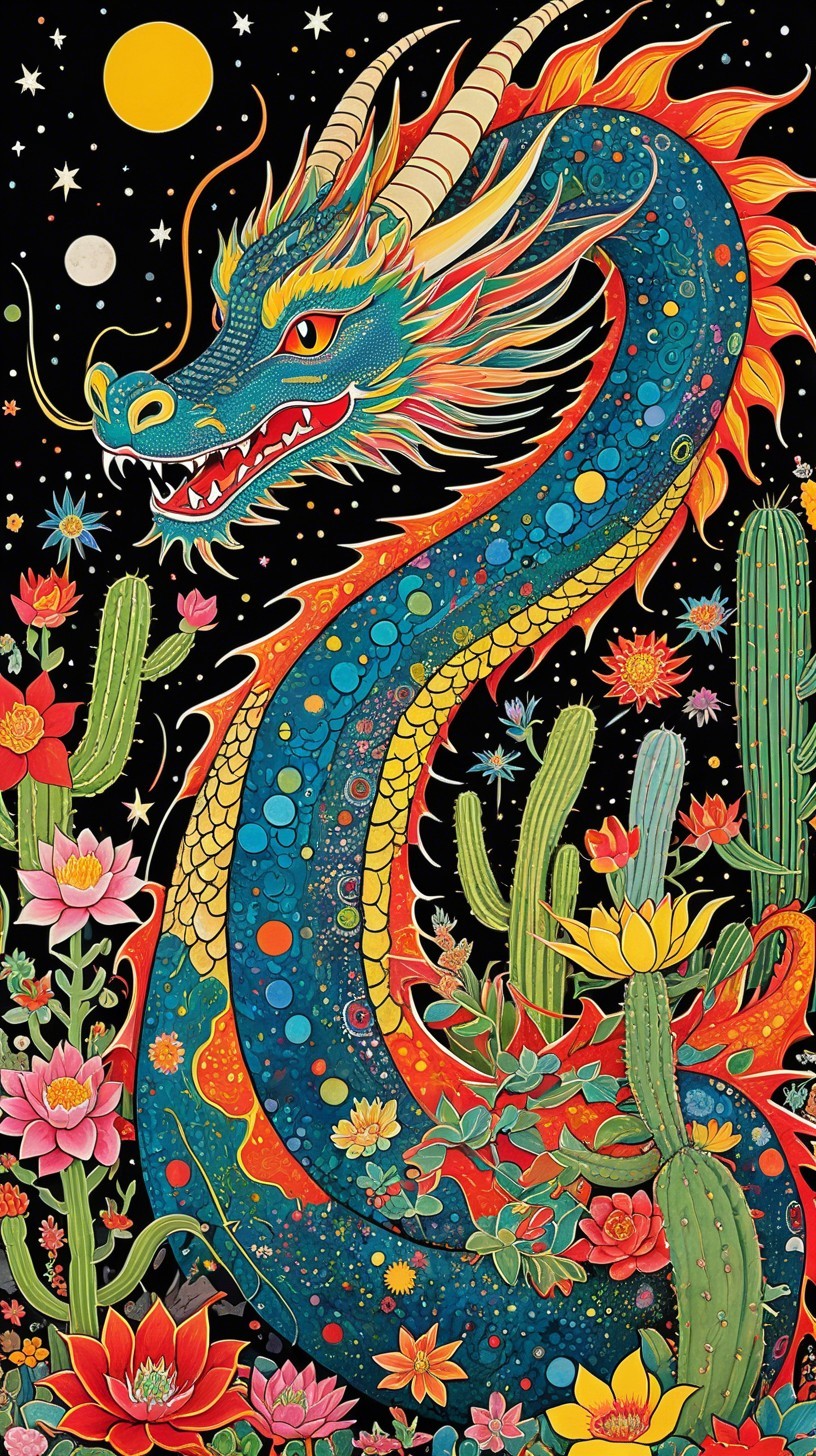 Vibrant Blue Dragon in Desert Landscape at Night