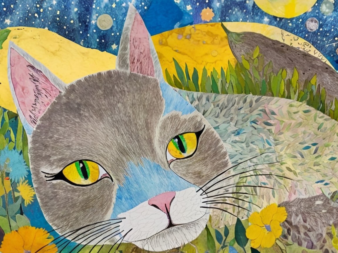 Whimsical Cat Illustration in a Colorful Meadow Scene
