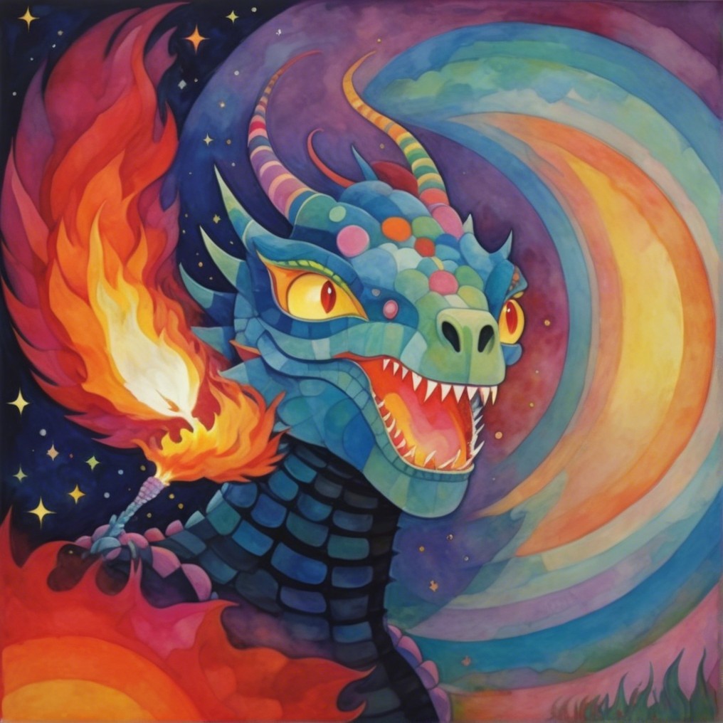Cartoonish dragon in vibrant, mystical background