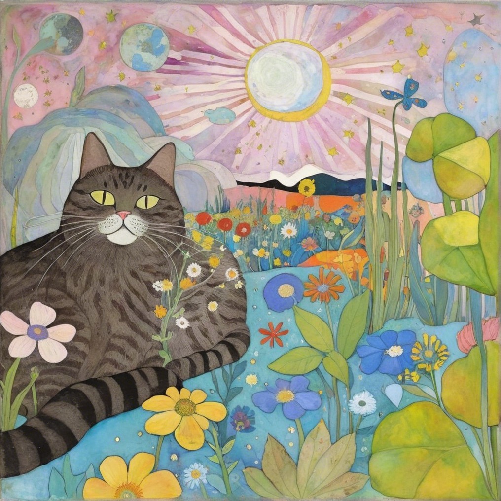 Tabby Cat Relaxing in a Colorful Flower Garden