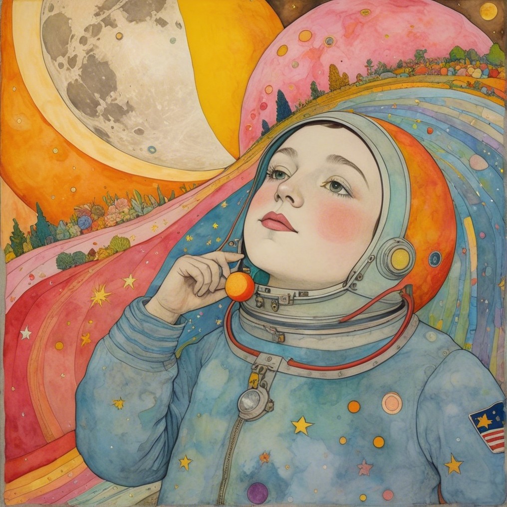 Young Astronaut in Cosmic Scene with Planet and Moon