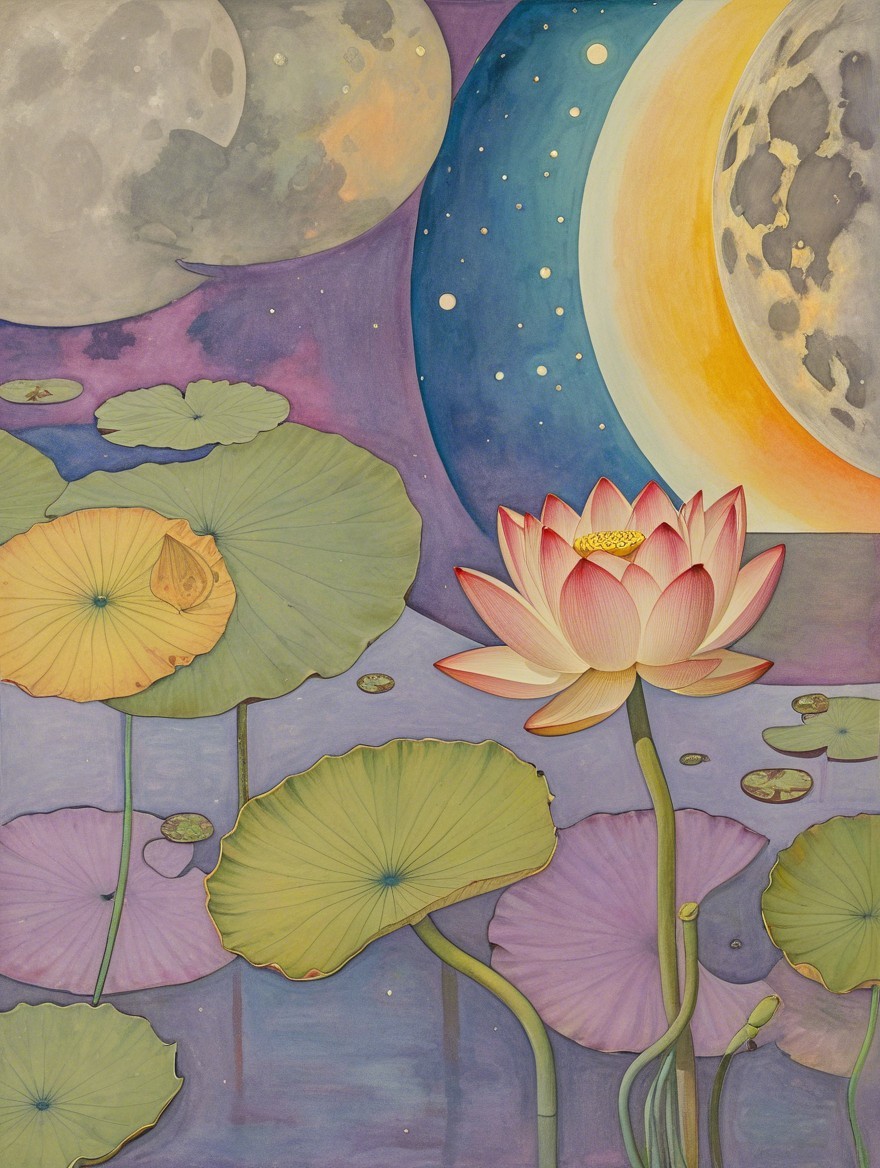Serene Pond with Lotus Flowers and Celestial Bodies