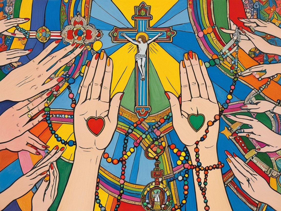 Colorful Geometric Patterns with Hands and Rosary Beads