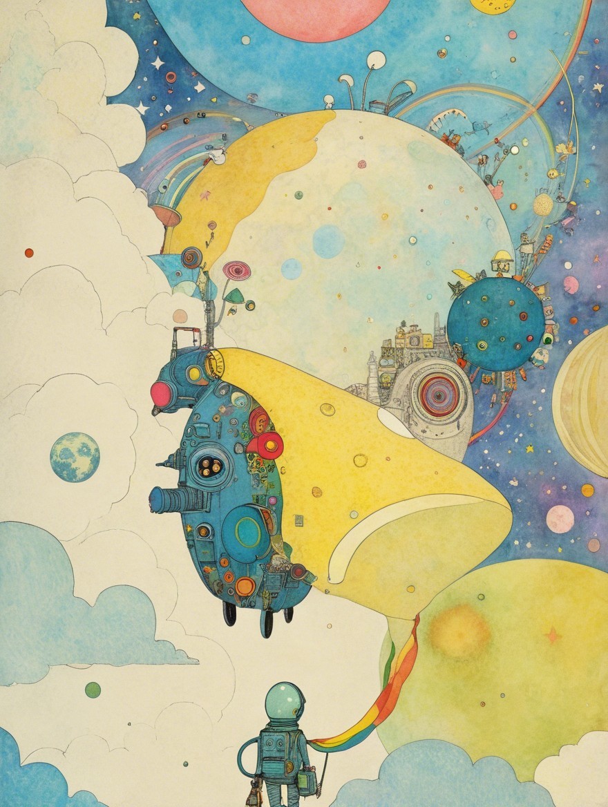 Whimsical Cosmic Scene with Astronaut and Planets