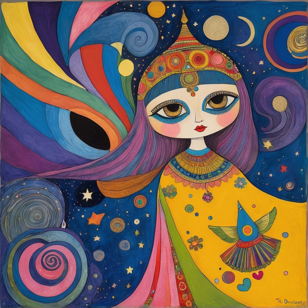 Whimsical Figure in Cosmic Background with Vibrant Colors