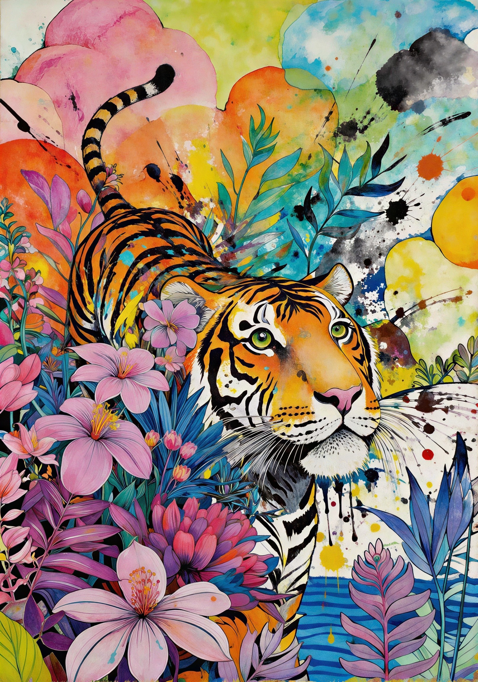 Vibrant Digital Painting of Tiger in Tropical Jungle