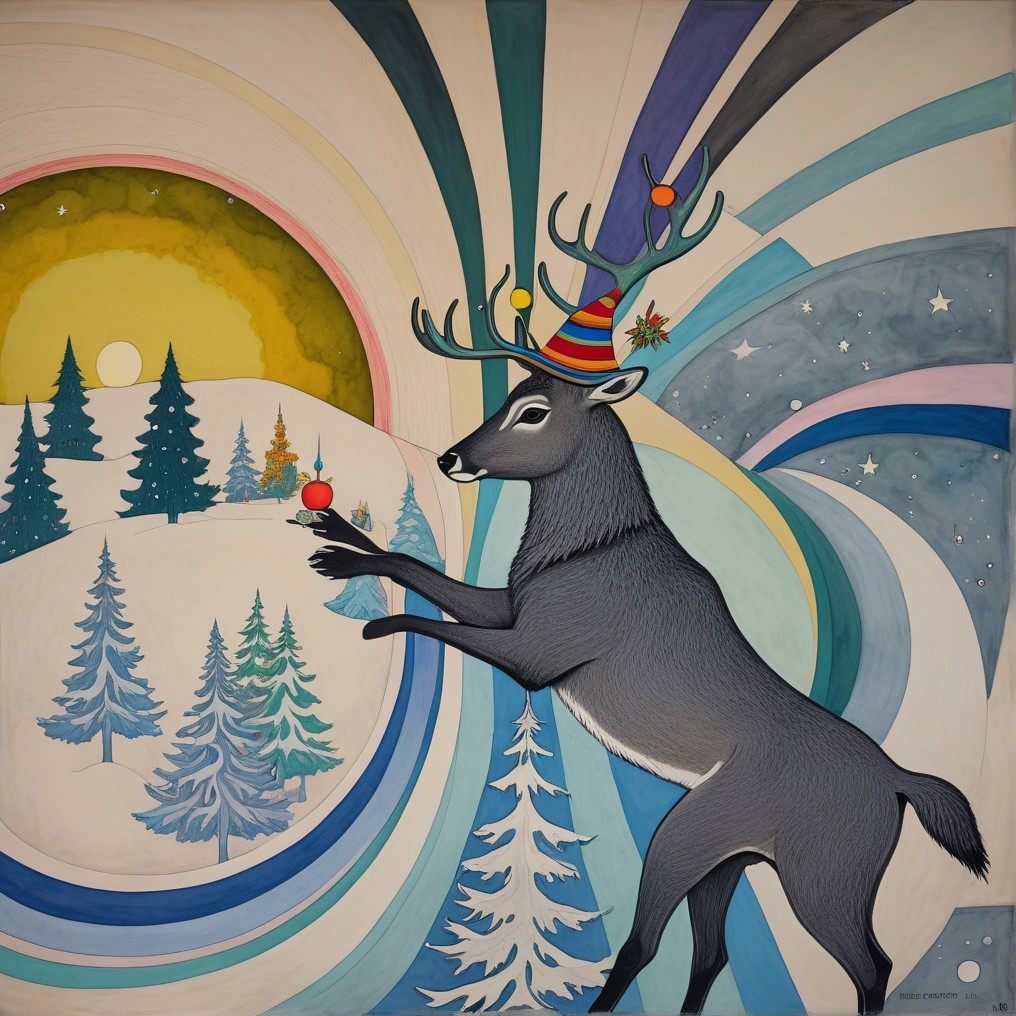 Whimsical Illustration of a Festive Reindeer Scene
