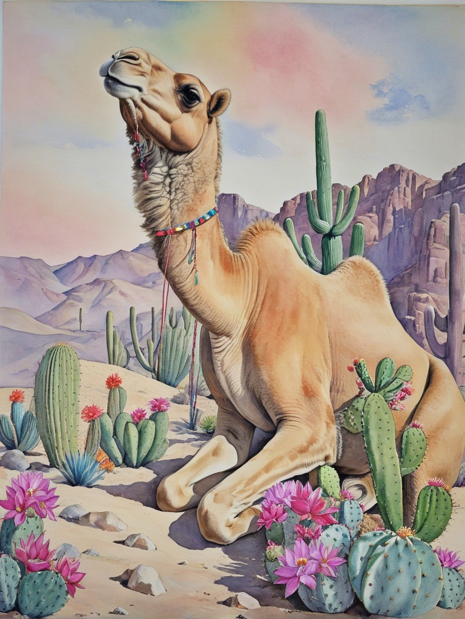 Watercolor Painting of a Camel in Desert Landscape