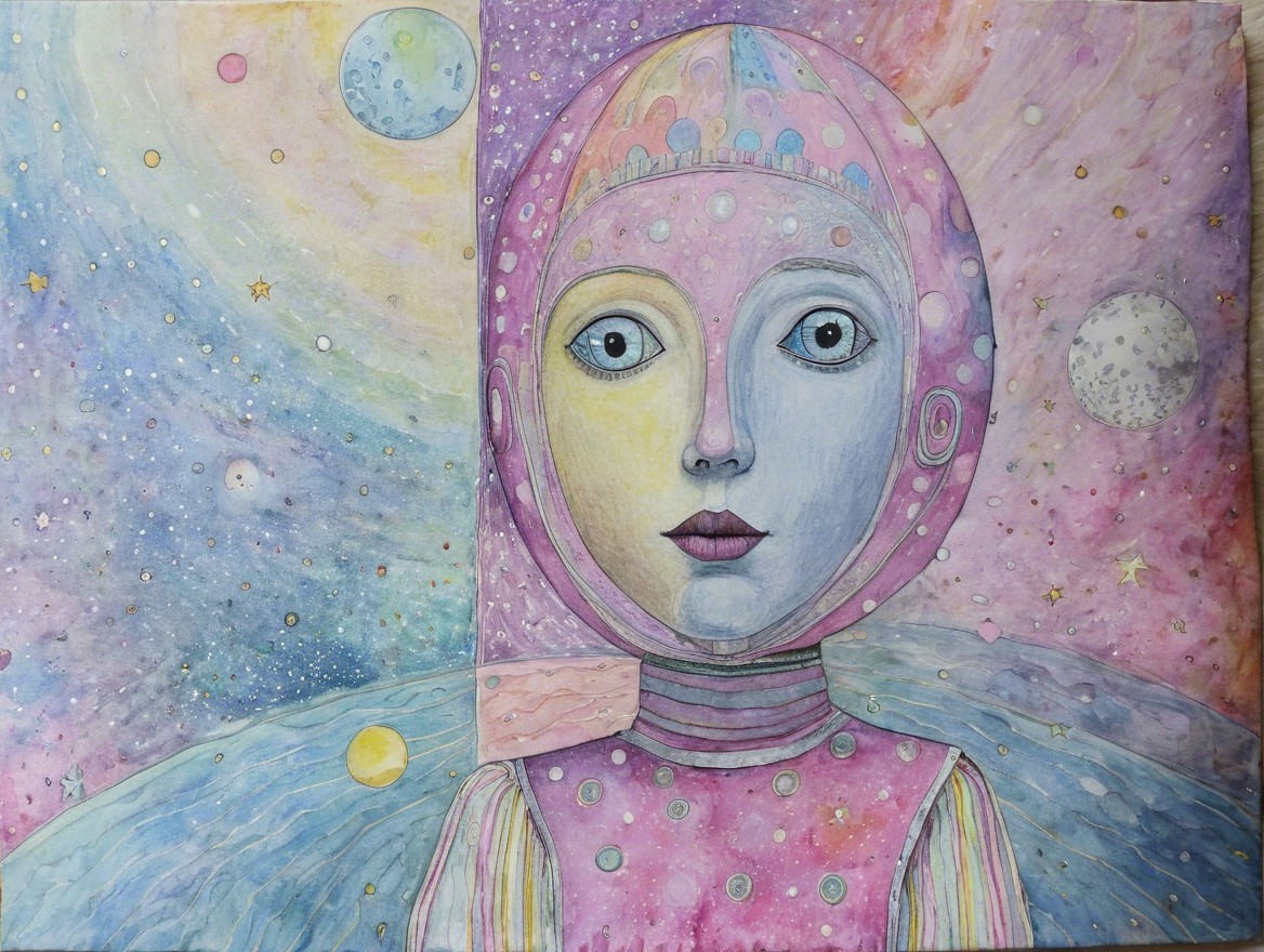 Whimsical Watercolor Illustration of a Cosmic Figure