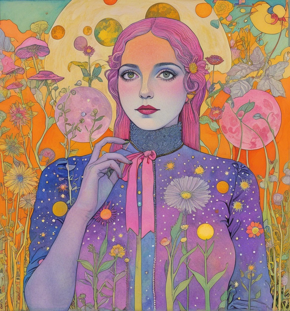 Whimsical Illustration of Young Woman with Pastel Hair