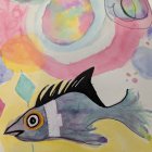 Whimsical Watercolor of Fish in Lotus Flower Scene