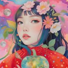 Whimsical Illustration of a Girl with Blue Hair and Pumpkin