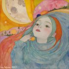 Young Astronaut in Cosmic Scene with Planet and Moon