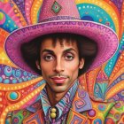 Vibrant Psychedelic Artwork of a Woman in Pink Hat