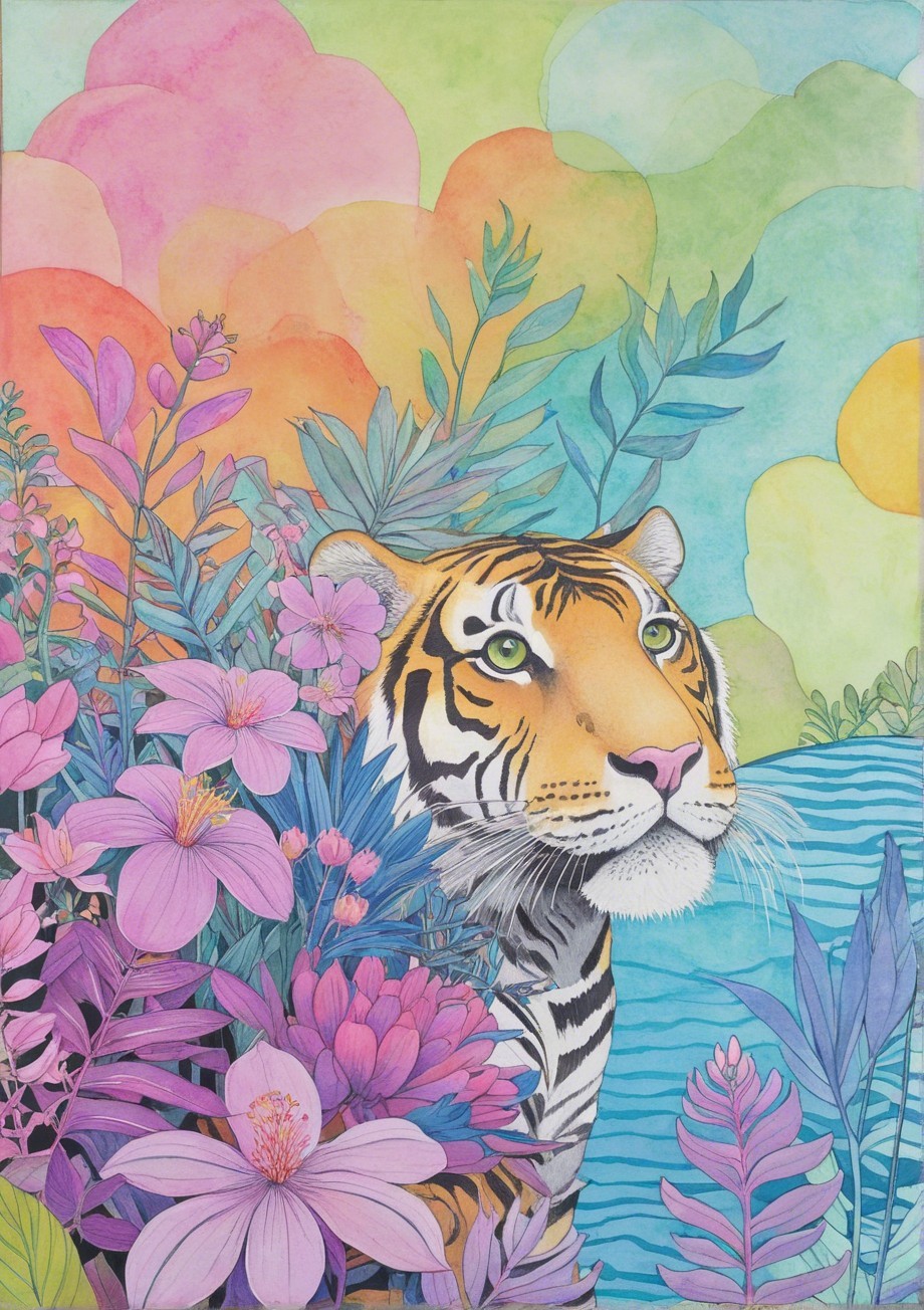 Watercolor Painting of a Tiger in Tropical Landscape