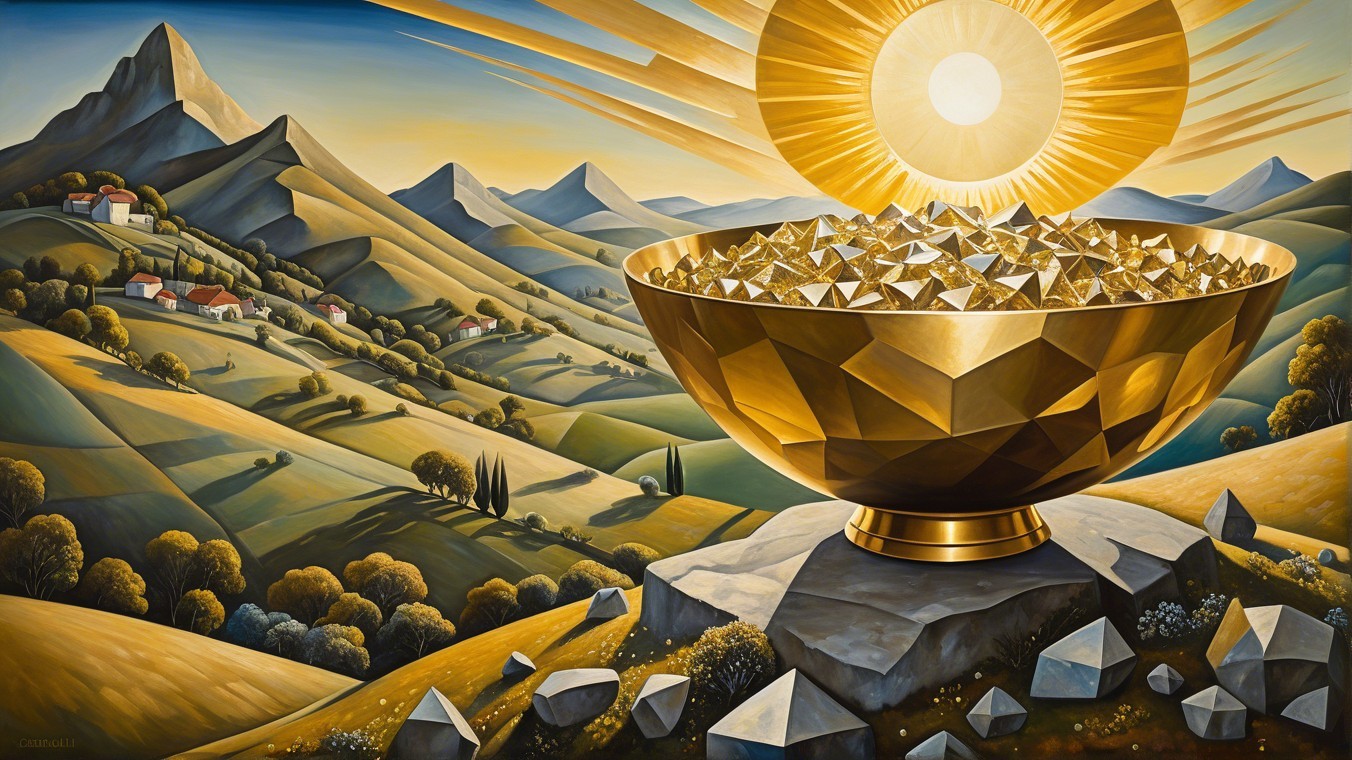 Golden Bowl with Gemstones on Rocky Pedestal