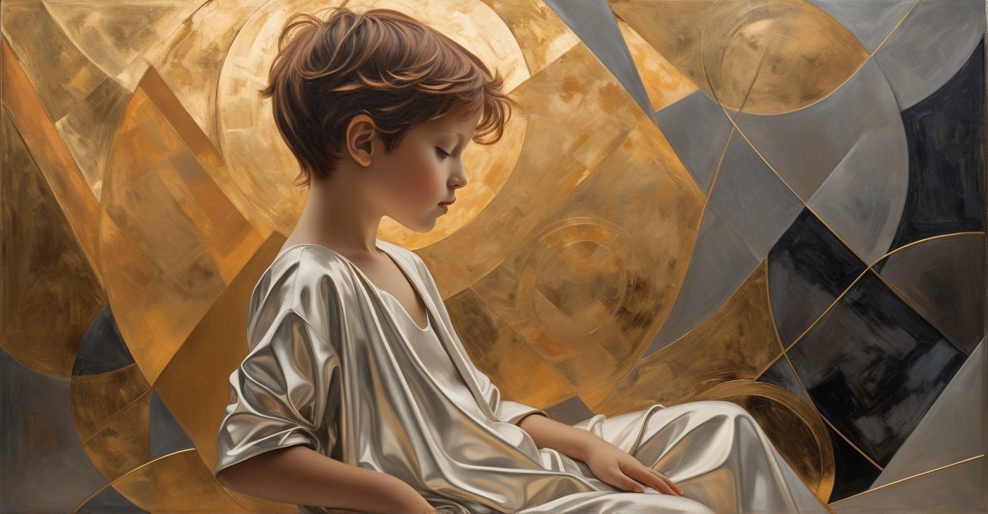 Child in Silver Outfit Against Golden Abstract Background