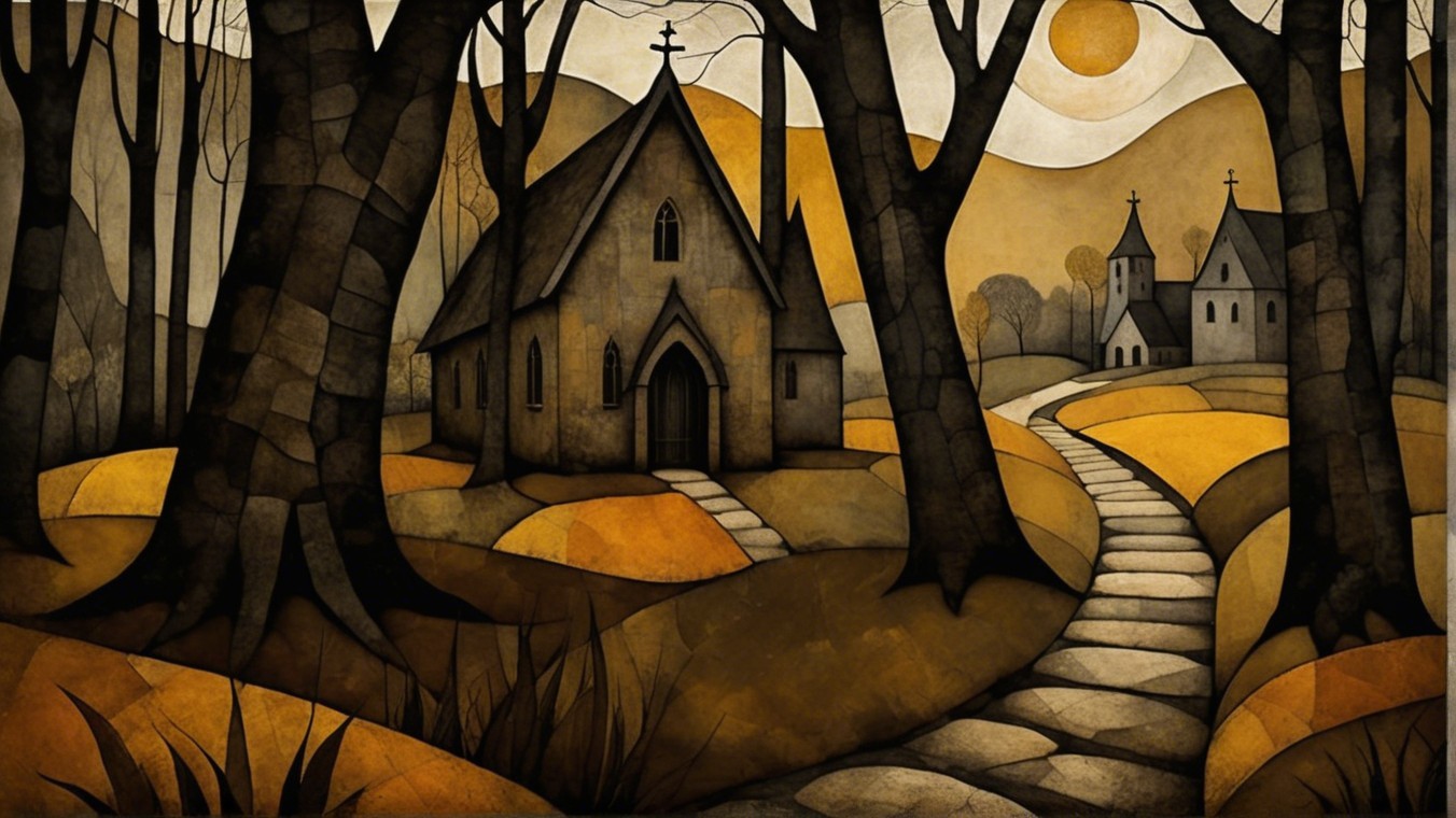 Gothic Church in Serene Autumn Landscape Scene