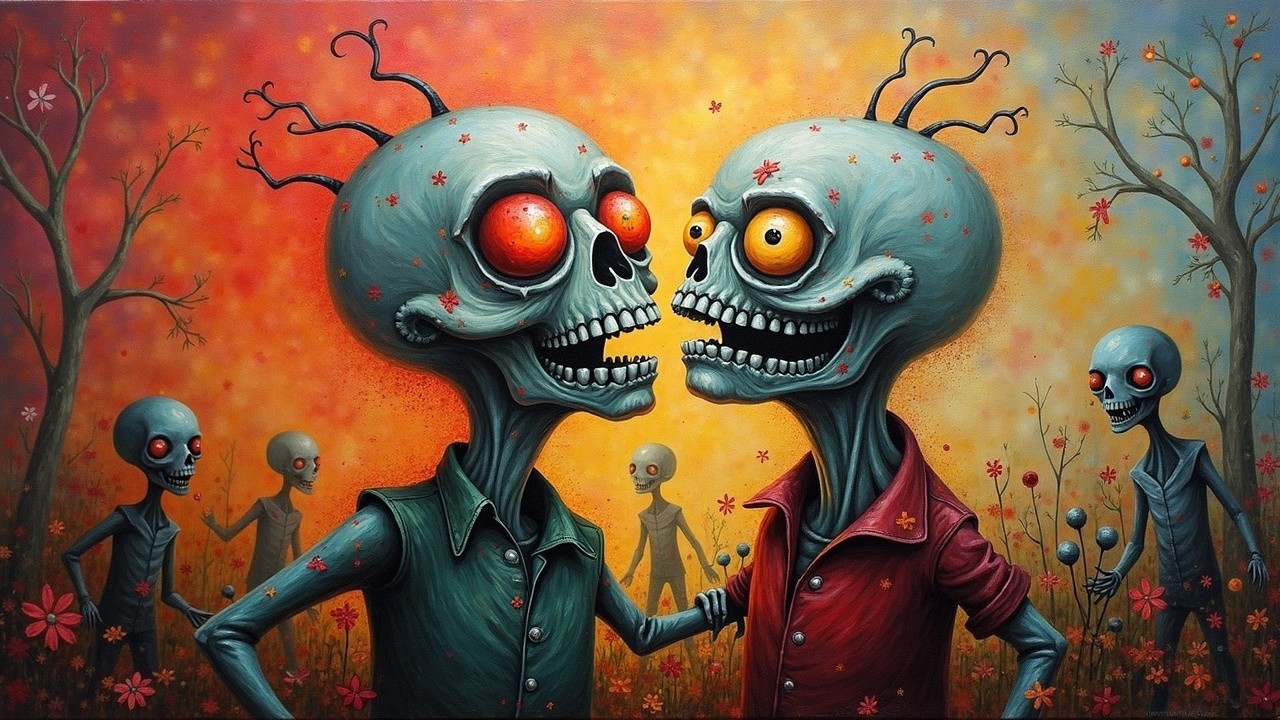 Brightly Colored Cartoon Skull Characters in Surreal Landscape