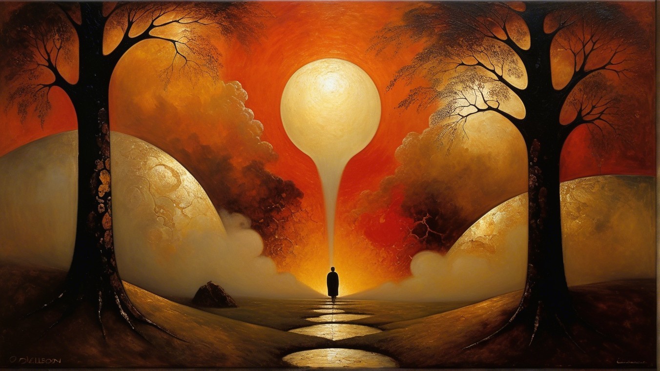 Solitary Figure in Surreal Landscape at Sunrise