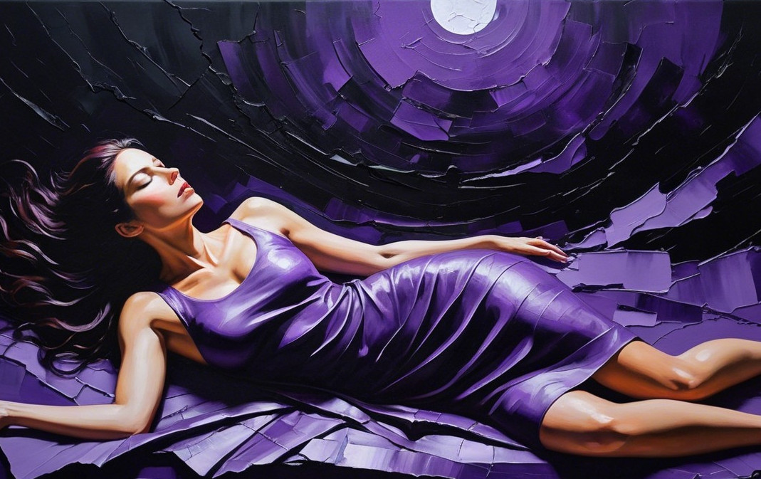 Woman in Purple Dress Against Swirling Background