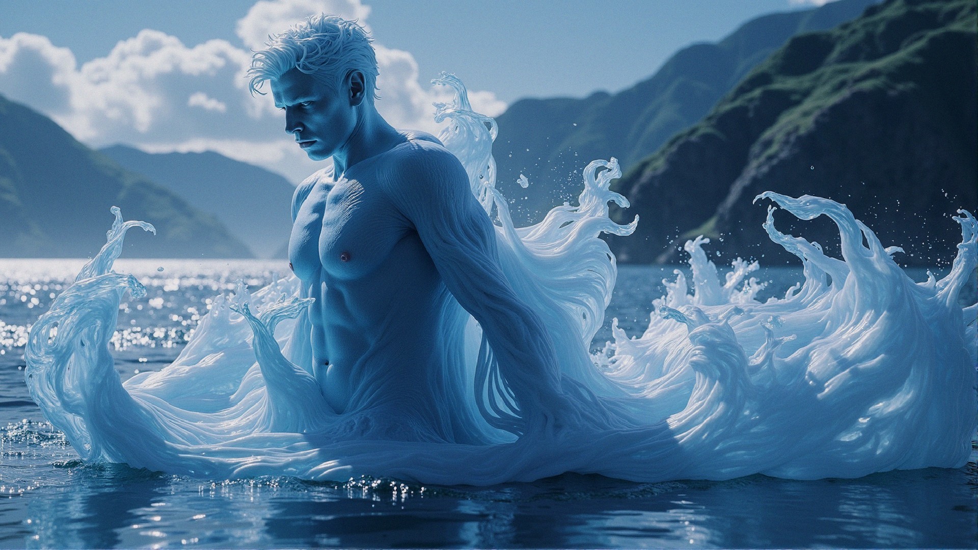 Ethereal Figure in Serene Water with Majestic Mountains