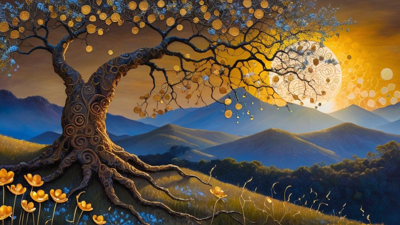 Majestic Tree with Swirling Roots at Sunset
