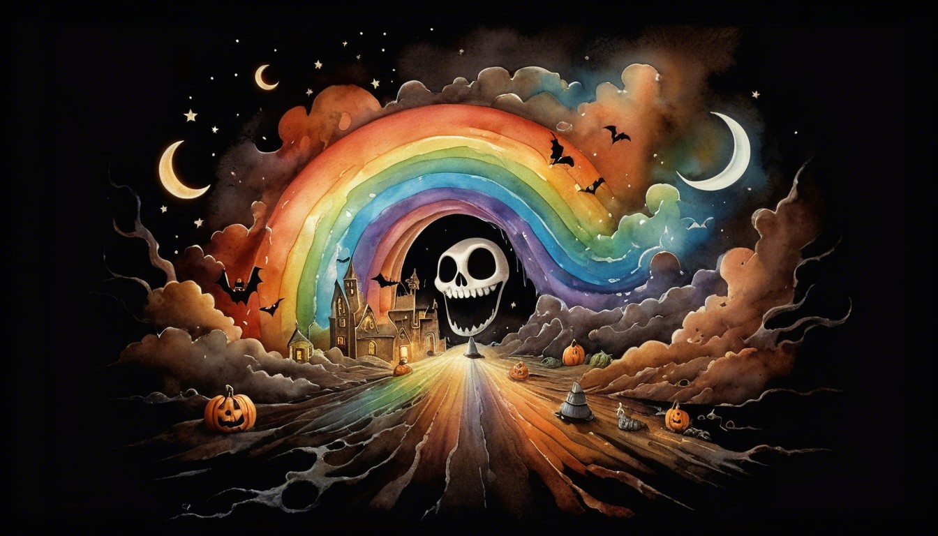 Whimsical Halloween Landscape with Rainbow and Skulls