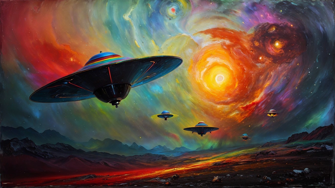 Vibrant Cosmic Scene with UFOs and Fiery Landscape