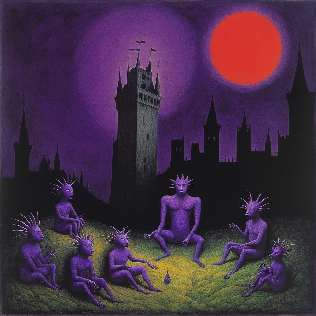 Surreal Gathering of Purple Figures by Glowing Light