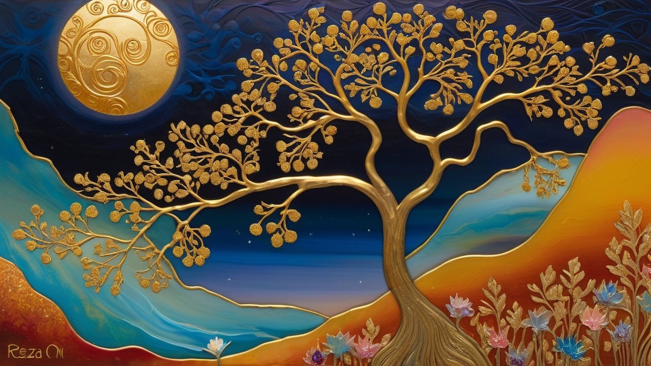 Vibrant landscape with golden tree and colorful flowers