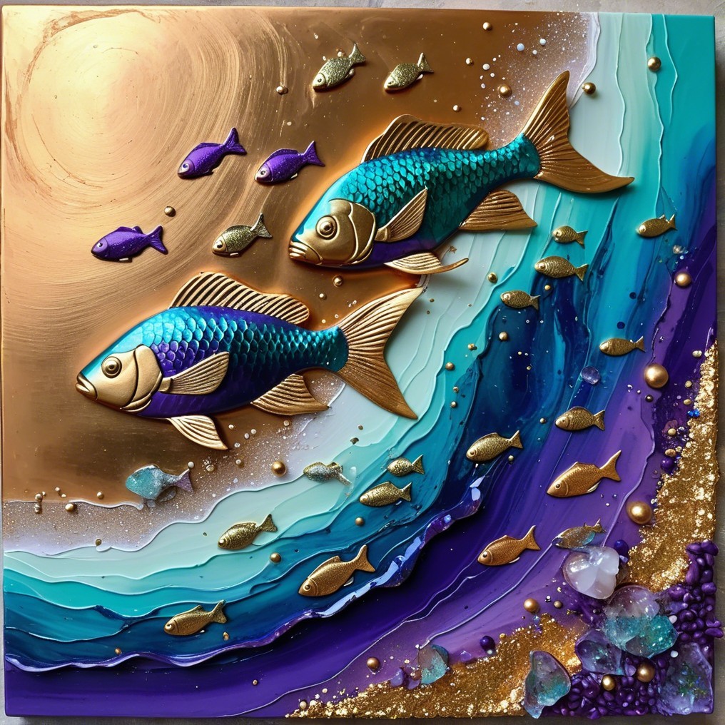 Vibrant Mixed-Media Artwork of Fish in Ocean Scene