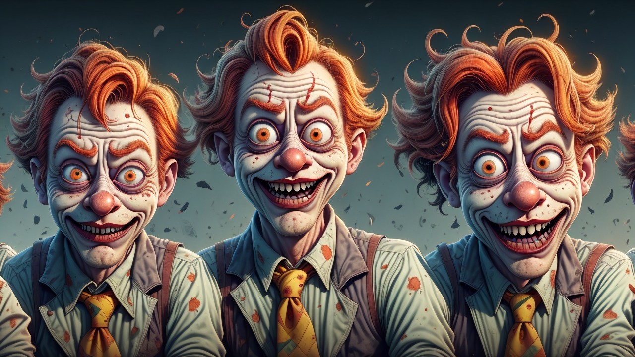 Menacing clown with vibrant hair and exaggerated features