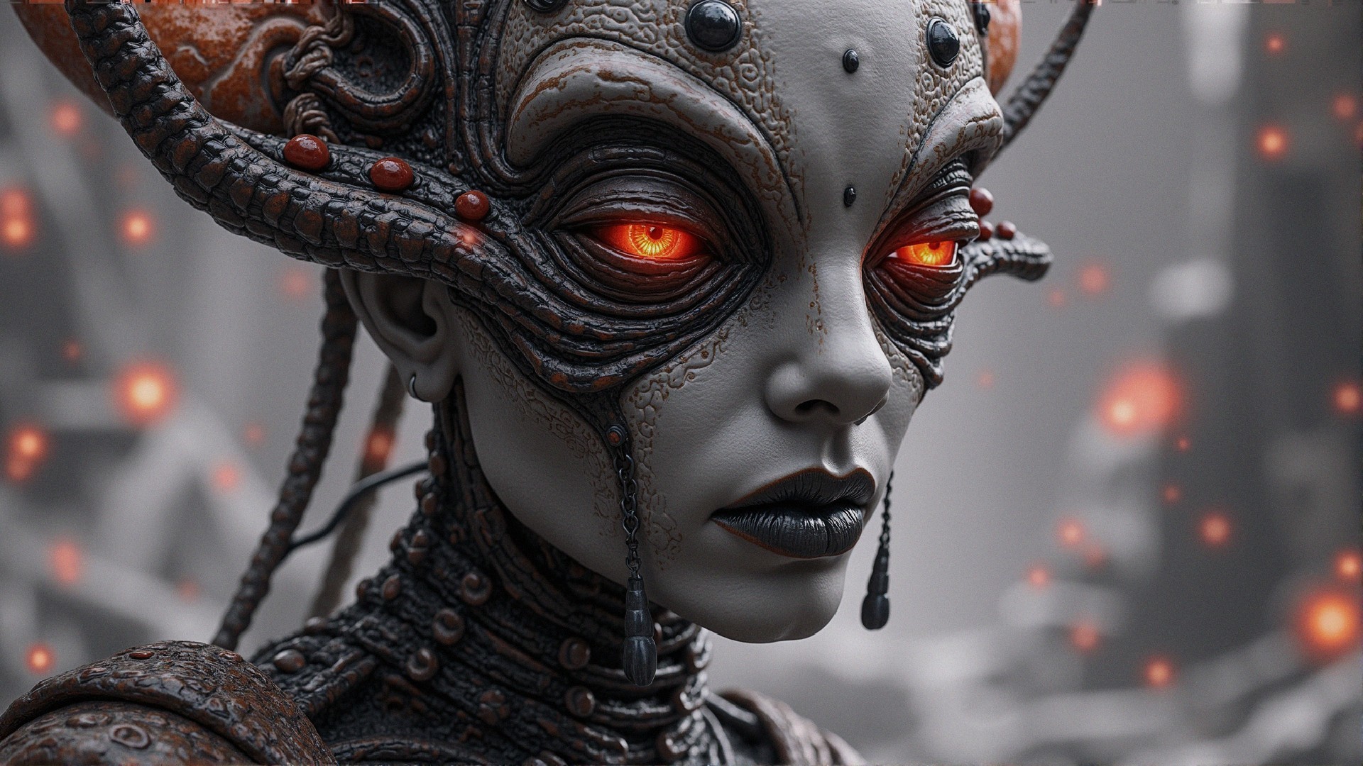 Futuristic humanoid with biomechanical features and red eyes