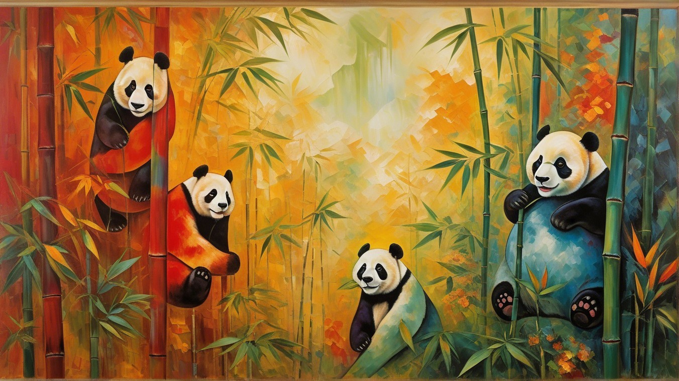 Colorful Painting of Playful Pandas in Bamboo Forest