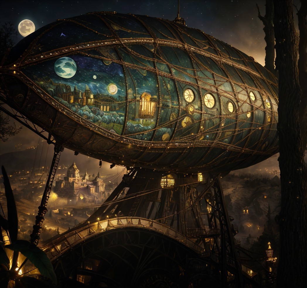 Steampunk Airship Over Starry Night and Village Scene