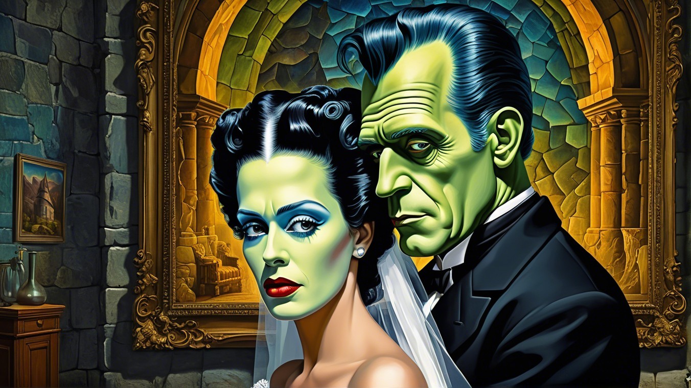 Vintage Glamour Illustration of Woman and Green-Skinned Man