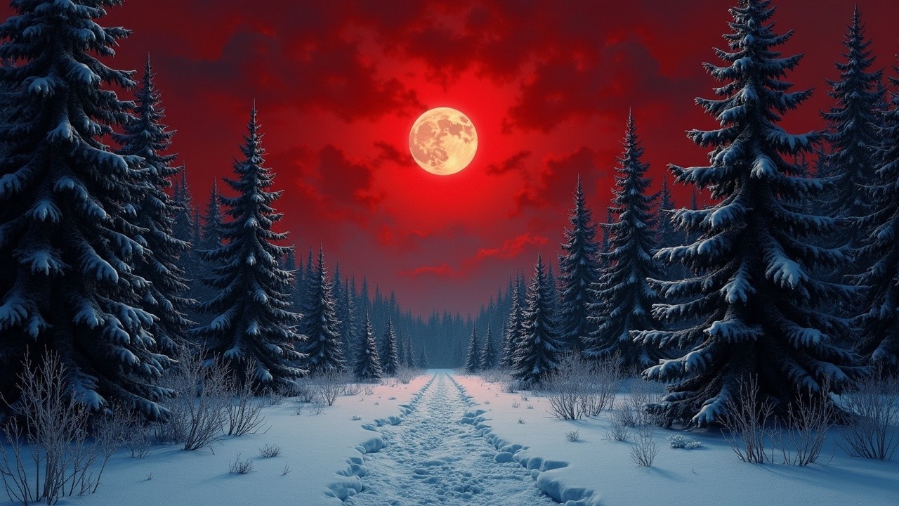 Winter Landscape with Snowy Path and Full Moon