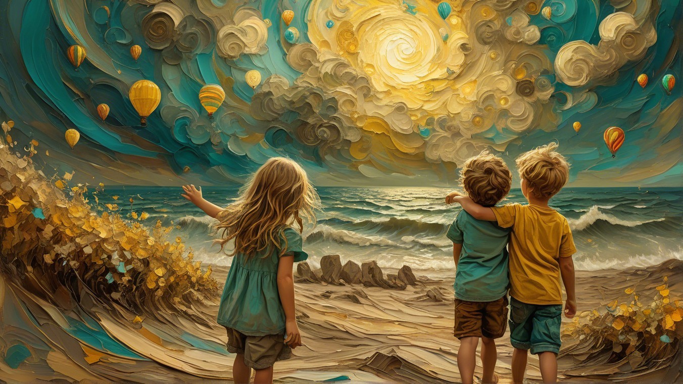 Children Observing Colorful Hot Air Balloons Over Ocean