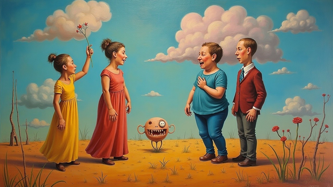 Surreal Landscape with Four Children and a Whimsical Creature