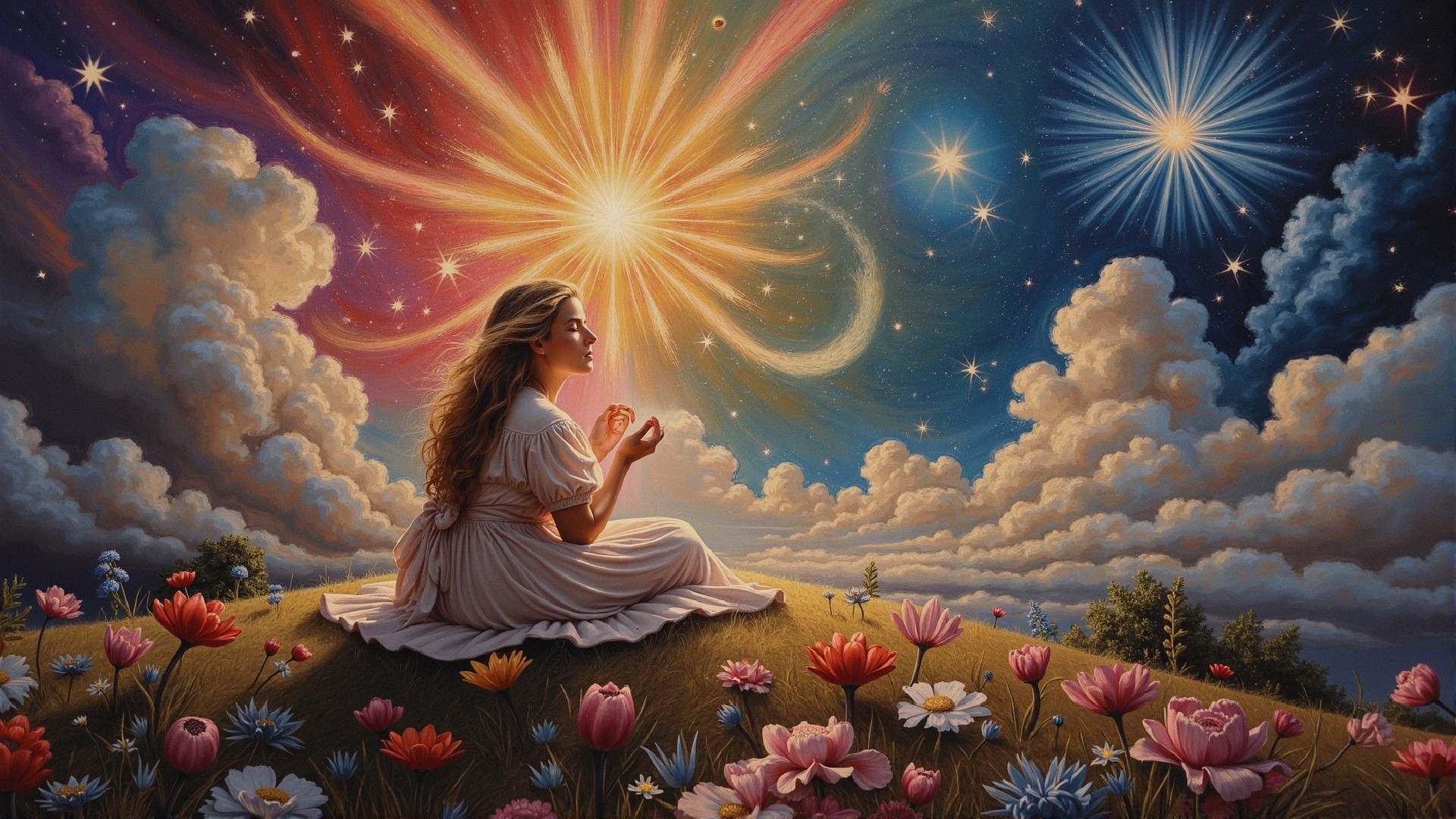 Serene Woman on Grassy Hill Amidst Vibrant Flowers
