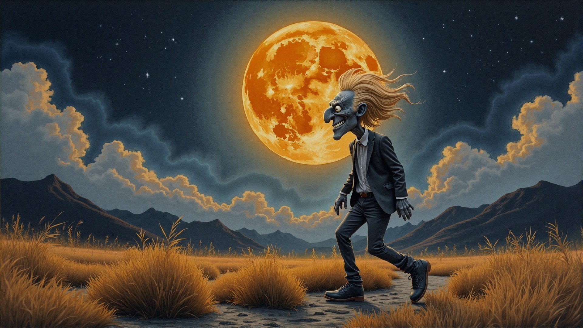 Surreal Landscape with Cartoonish Figure and Full Moon
