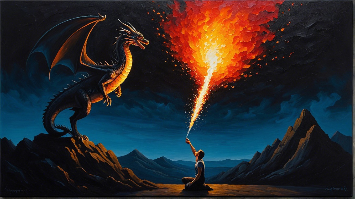 Dramatic Scene of a Dragon and Fiery Flames