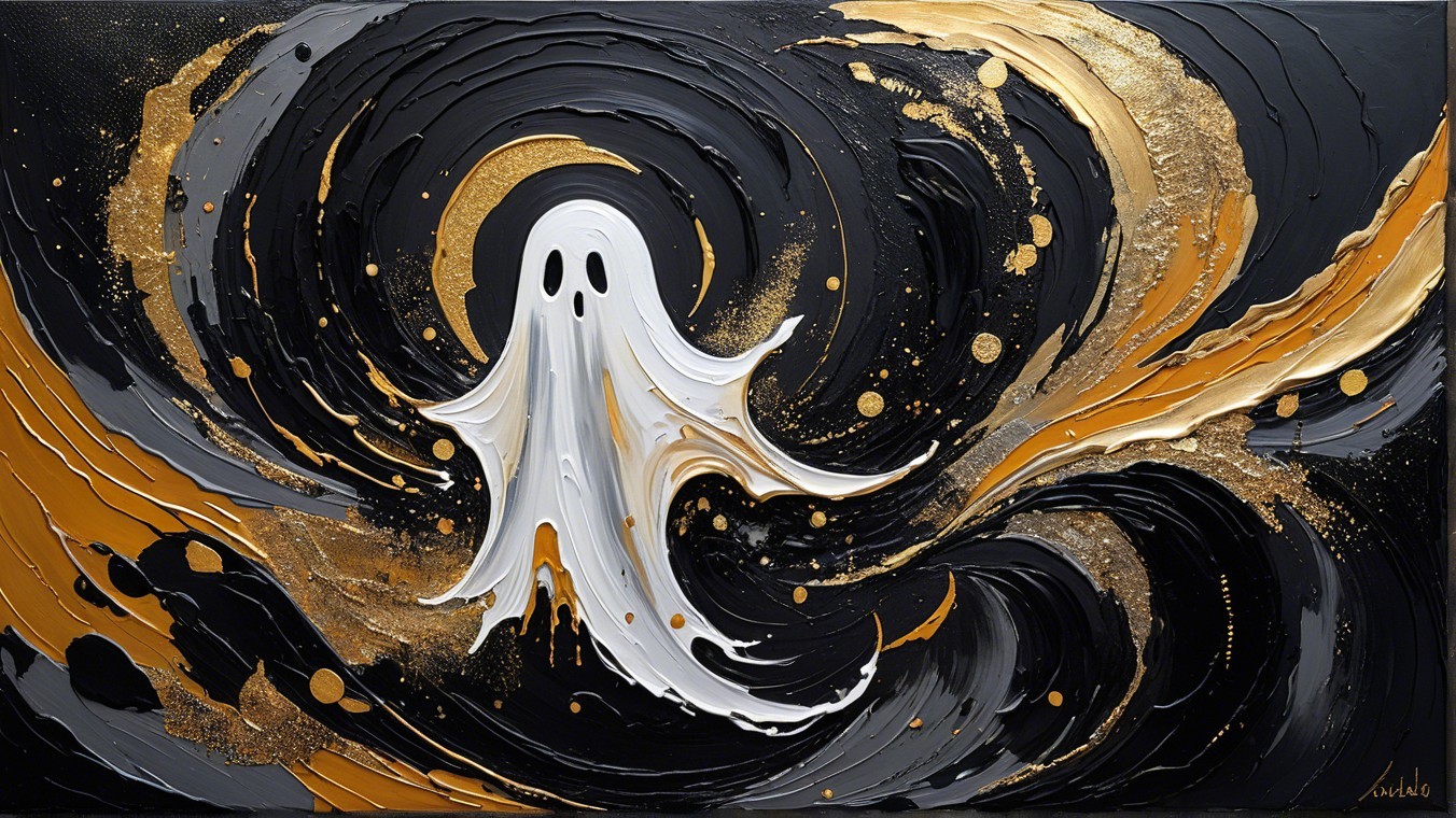Abstract Painting of a Whimsical Ghost in Gold and Black