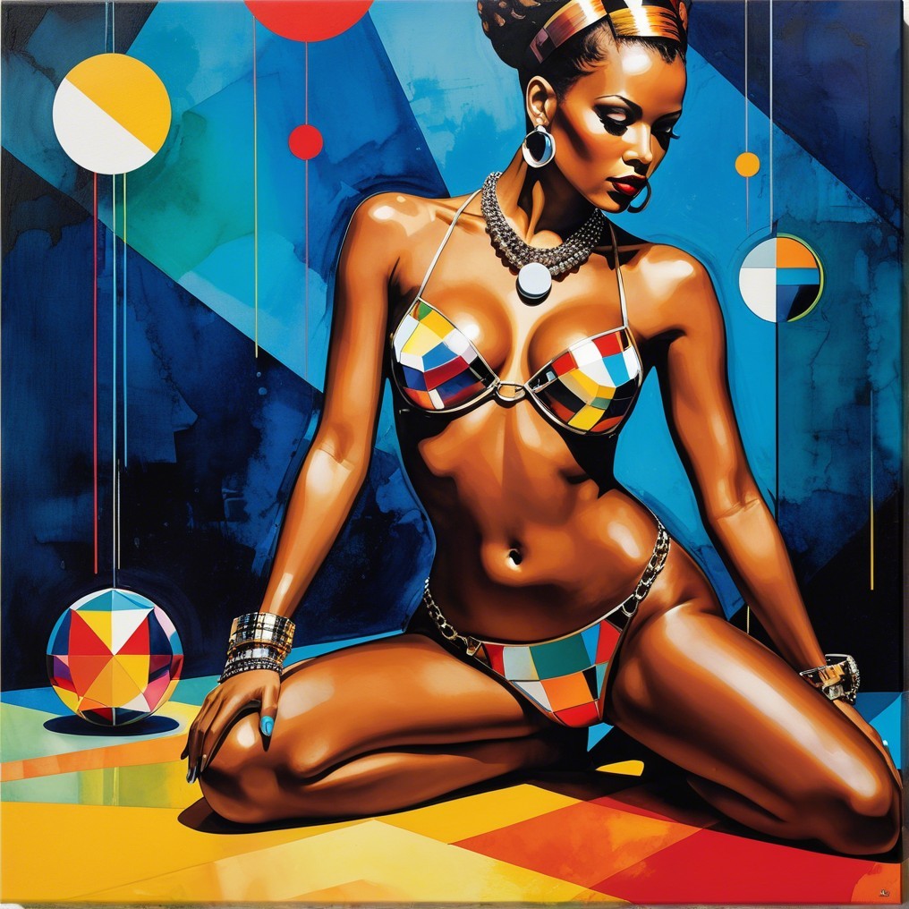 Woman in Colorful Bikini Against Bold Geometric Background