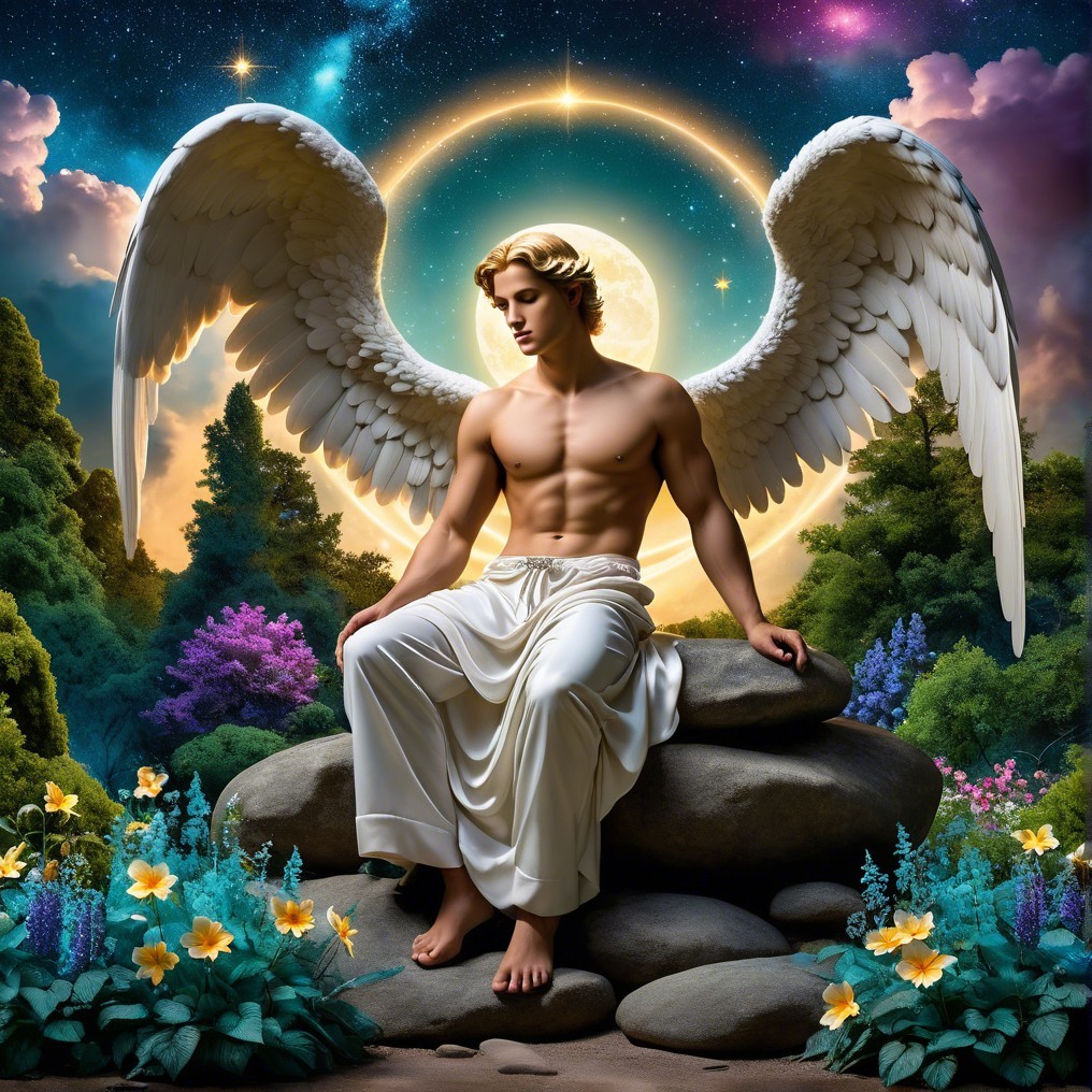 Celestial Figure with White Wings in Enchanted Landscape